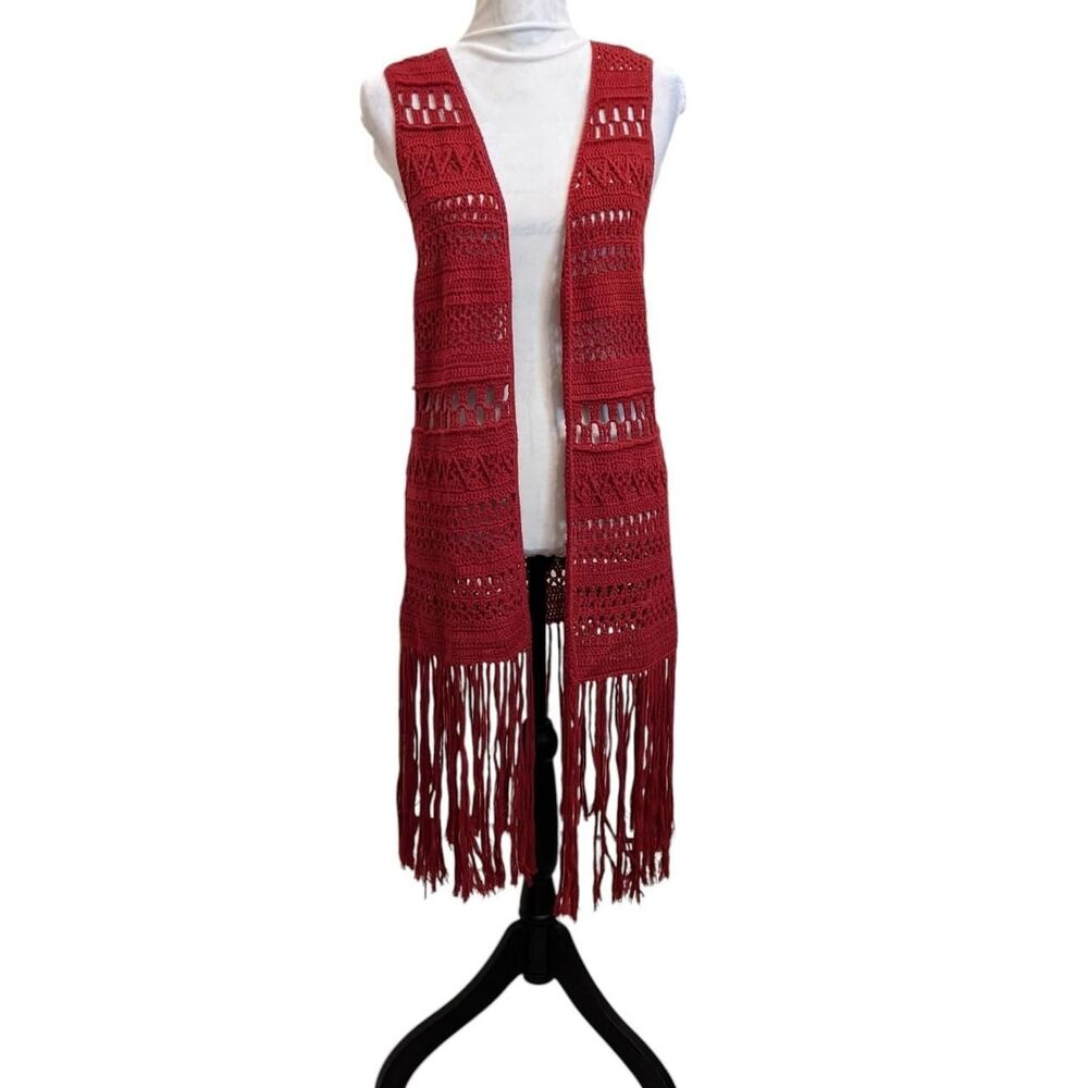 Forever 21 Boho Festival Concert Crochet Hippie Women's Burgundy Long Vest Large